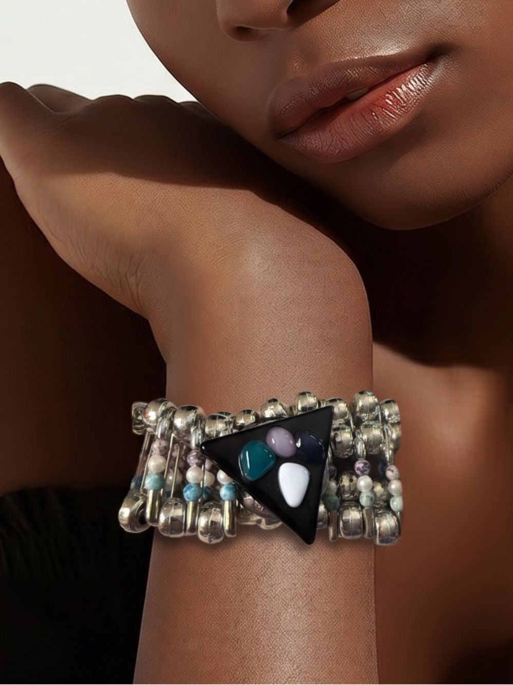 Handcrafted Boho Beaded artisan Cuff Bracelet Triangle Mosaic  center